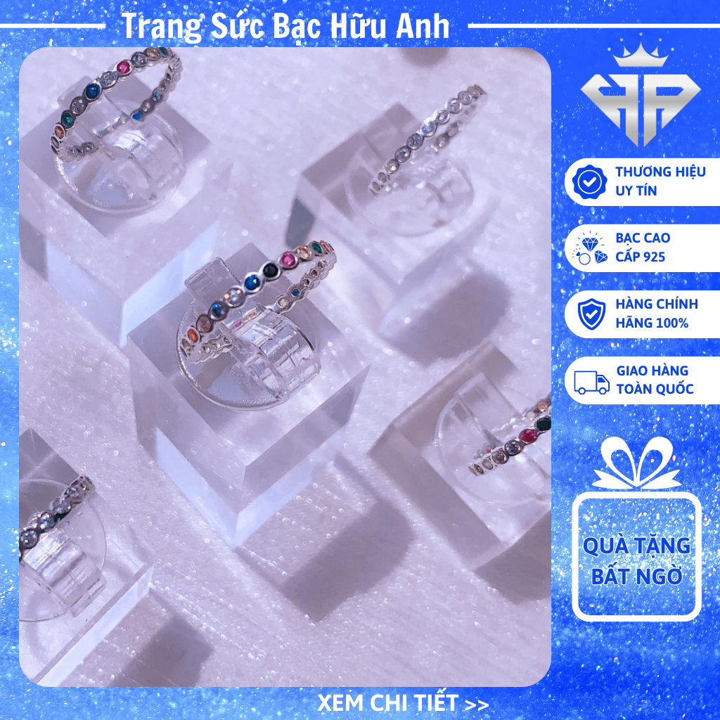 Nhẫn Bạc Nữ S925 Đính Đá CZ Rainbow Đủ Size Từ Ngón Út Đến Ngón Cái Phiên Bản Xi Kim Sáng Bóng