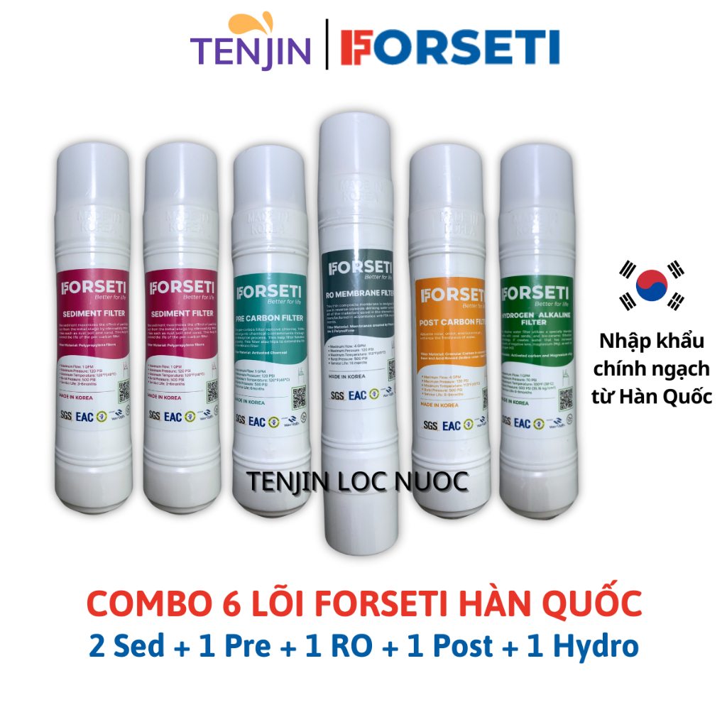 Combo 6 Lõi Lọc FORSETI Gồm 2 Sed + 1 Pre Carbon + 1 RO Membrane + 1 Post Carbon+ 1 Hydrogen Alkaline Nhập Khẩu Hàn Quốc
