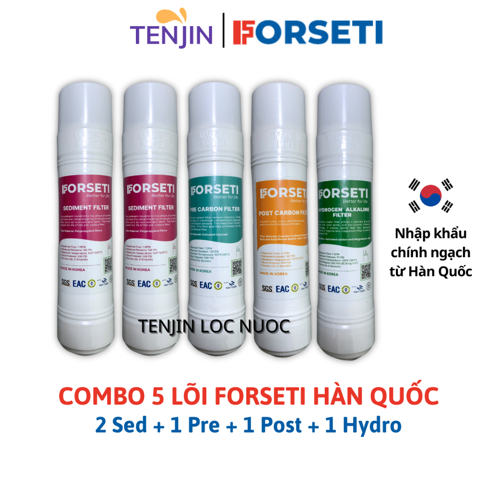 Combo 6 Lõi Lọc FORSETI Gồm 2 Sed + 1 Pre Carbon + 1 RO Membrane + 1 Post Carbon+ 1 Hydrogen Alkaline Nhập Khẩu Hàn Quốc
