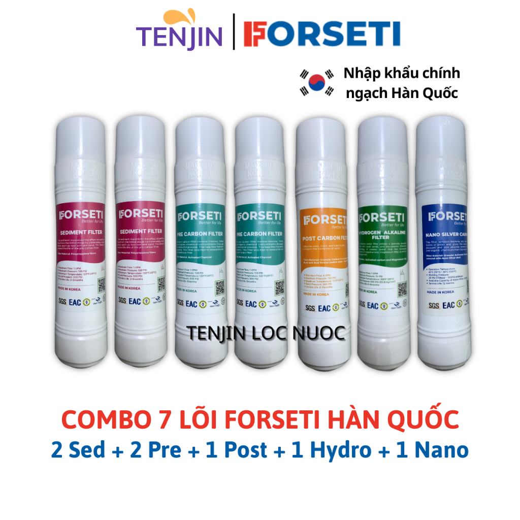 Combo 8 Lõi Lọc FORSETI Gồm 2 Sediment + 2 Pre Carbon + 1 RO Membrane + 1 Post Carbon + 1 Hydrogen Alkaline + 1 Nano