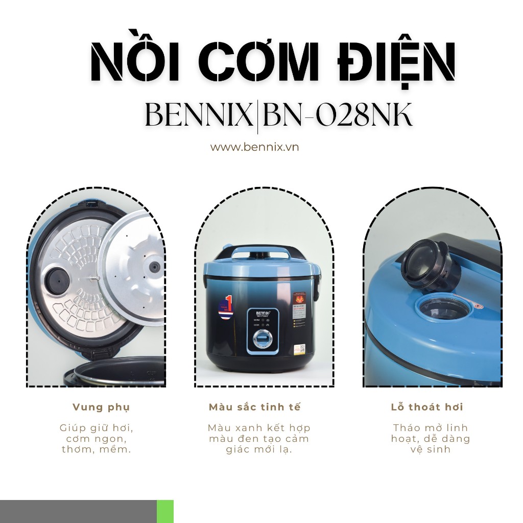 Nồi Cơm Điện Bennix BN - 28NK Dung Tích 2,8L lòng Nồi  Siêu Chống Dính - Bảo Hành 12 Tháng