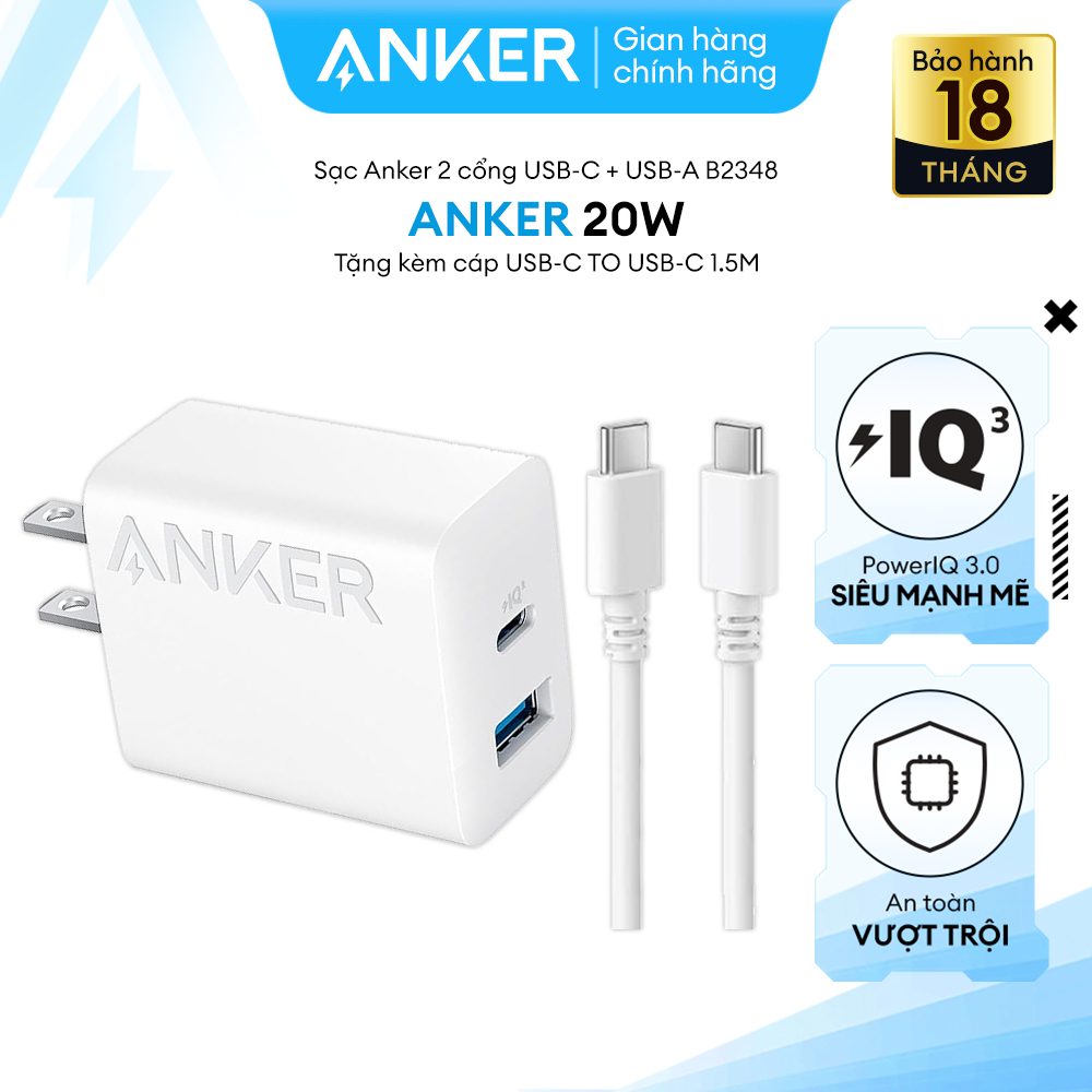 Ảnh Bộ Sạc Anker Công Suất 20W 2 Cổng- 1 Cổng USB & 1 Cổng USB-C Kèm Cáp USB-C to USB-C 1.5M - B2348 1