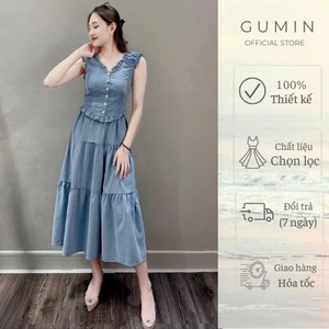 Set bộ áo váy GUMIN thiết kế chất bò jean áo phối viền bèo kèm chân váy xòe tầng thanh lịch sang trọng