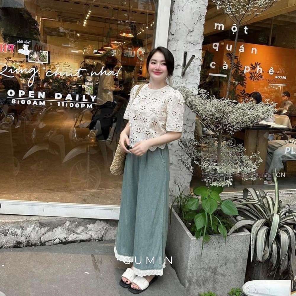 Set bộ áo ren GUMIN thiết kế áo phối ren hoa thêu đính kèm nơ và quần jean suông viền ren sang trọng thời thượng