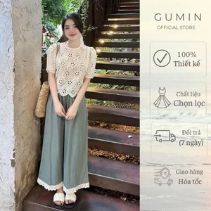 Set bộ áo ren GUMIN thiết kế áo phối ren hoa thêu đính kèm nơ và quần jean suông viền ren sang trọng thời thượng