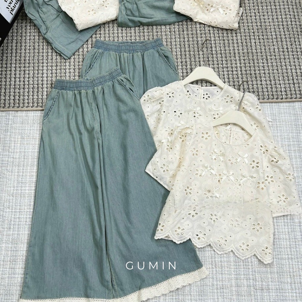 Set bộ áo ren GUMIN thiết kế áo phối ren hoa thêu đính kèm nơ và quần jean suông viền ren sang trọng thời thượng