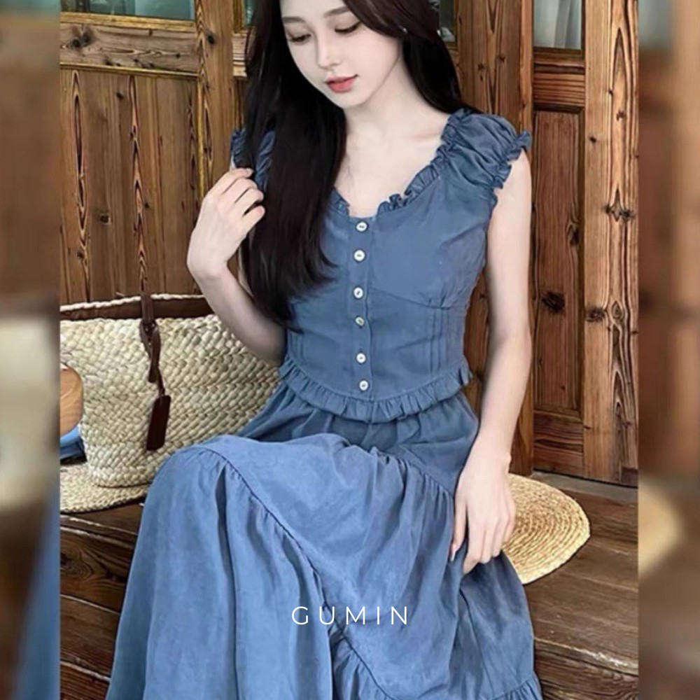 Set bộ áo váy GUMIN thiết kế chất bò jean áo phối viền bèo kèm chân váy xòe tầng thanh lịch sang trọng