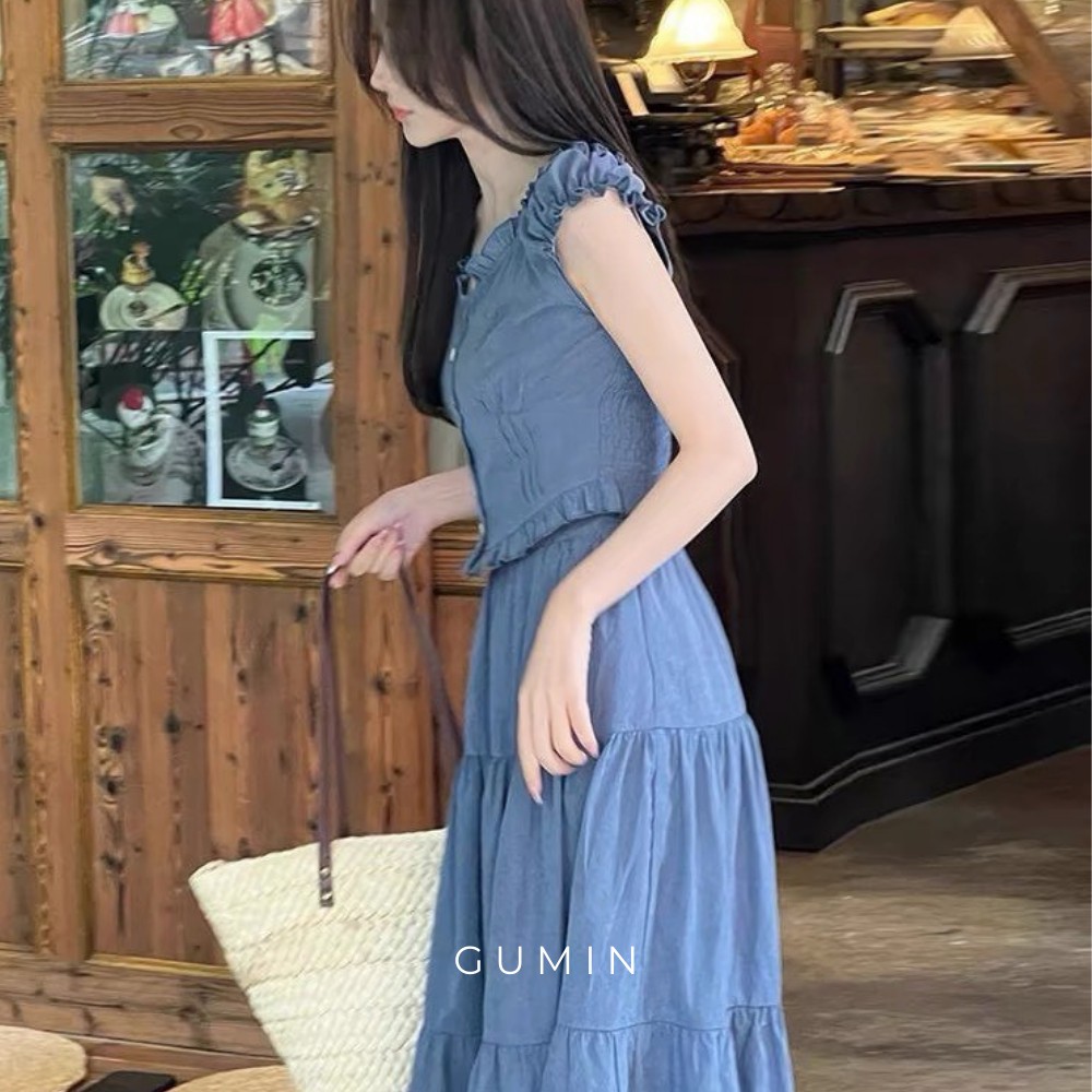 Set bộ áo váy GUMIN thiết kế chất bò jean áo phối viền bèo kèm chân váy xòe tầng thanh lịch sang trọng