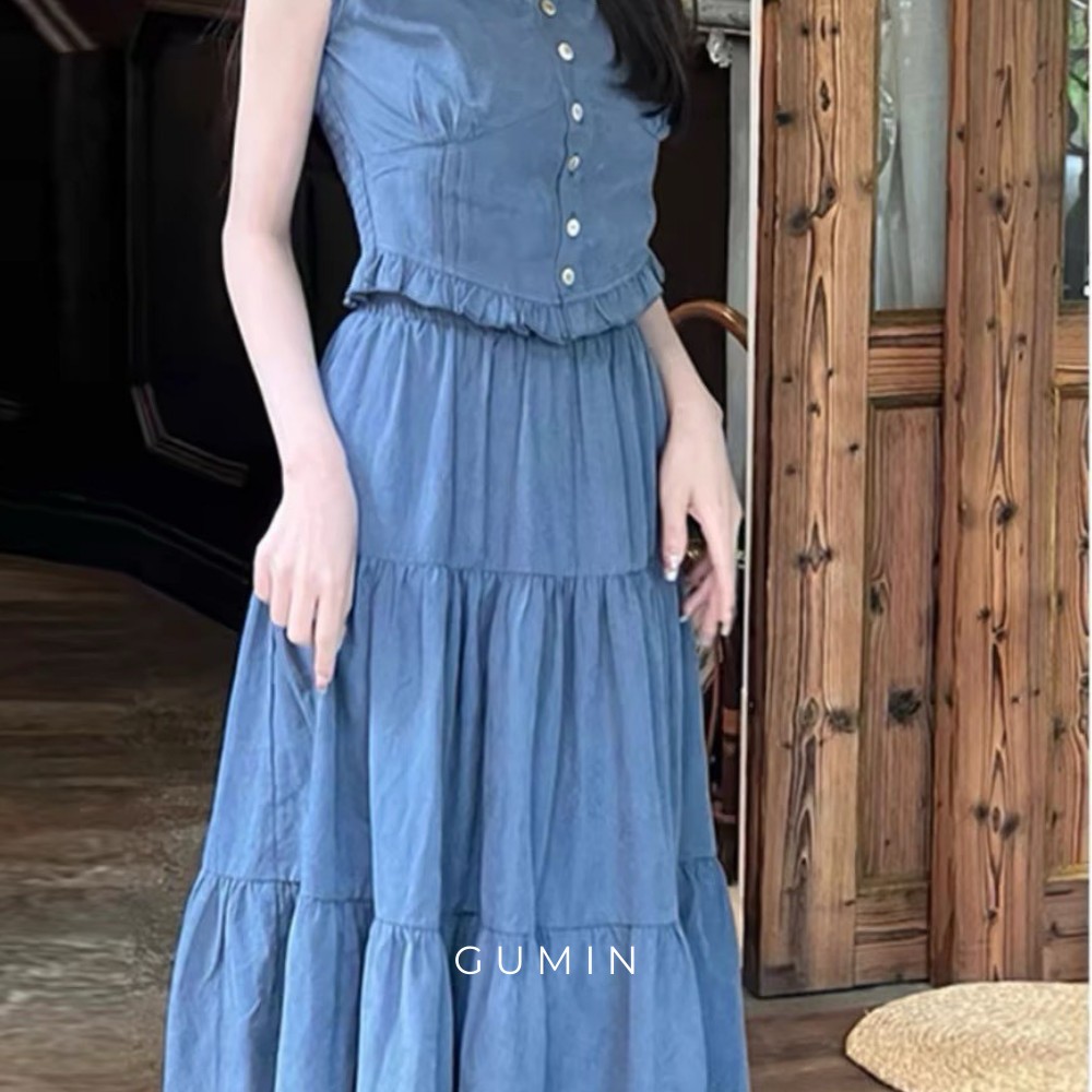 Set bộ áo váy GUMIN thiết kế chất bò jean áo phối viền bèo kèm chân váy xòe tầng thanh lịch sang trọng