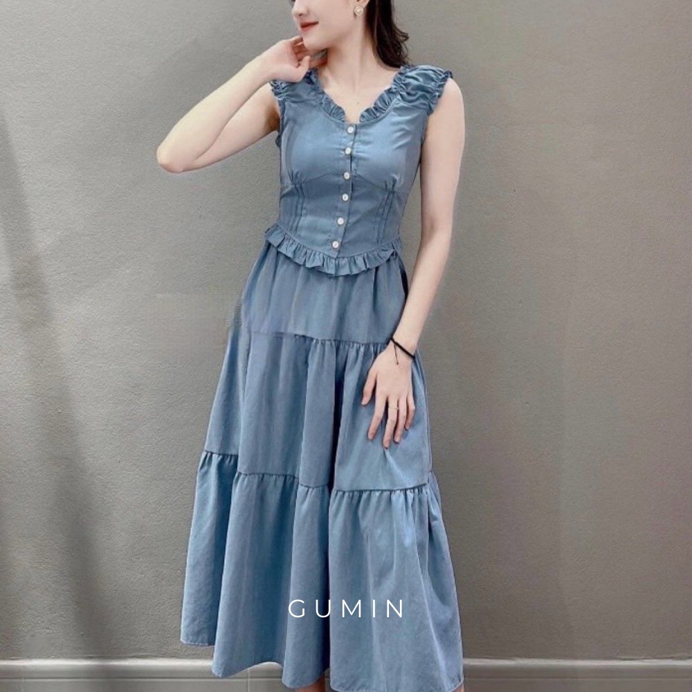 Set bộ áo váy GUMIN thiết kế chất bò jean áo phối viền bèo kèm chân váy xòe tầng thanh lịch sang trọng