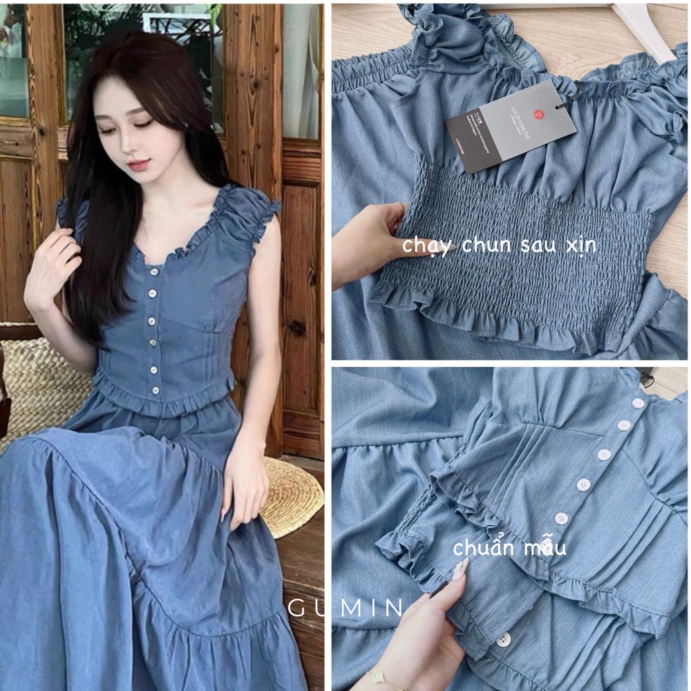 Set bộ áo váy GUMIN thiết kế chất bò jean áo phối viền bèo kèm chân váy xòe tầng thanh lịch sang trọng