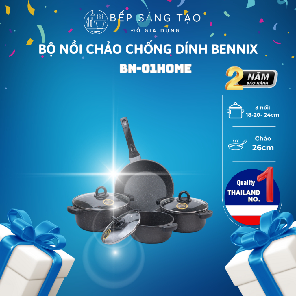 Bộ nồi đá chống dính cao cấp BENNIX Thailand,4 món( Nồi 18cm, 20cm, 24cm, chảo sâu 26cm)
