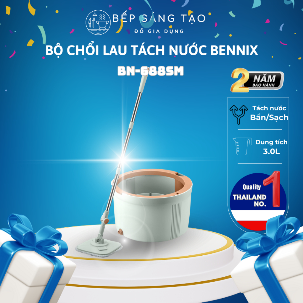 Cây Lau Nhà Tách Nước Bẩn BENNIX BN - 688SM Chổi Lau Nhà Tự Vắt Thế Hệ Mới Tặng Kèm Bông Lau