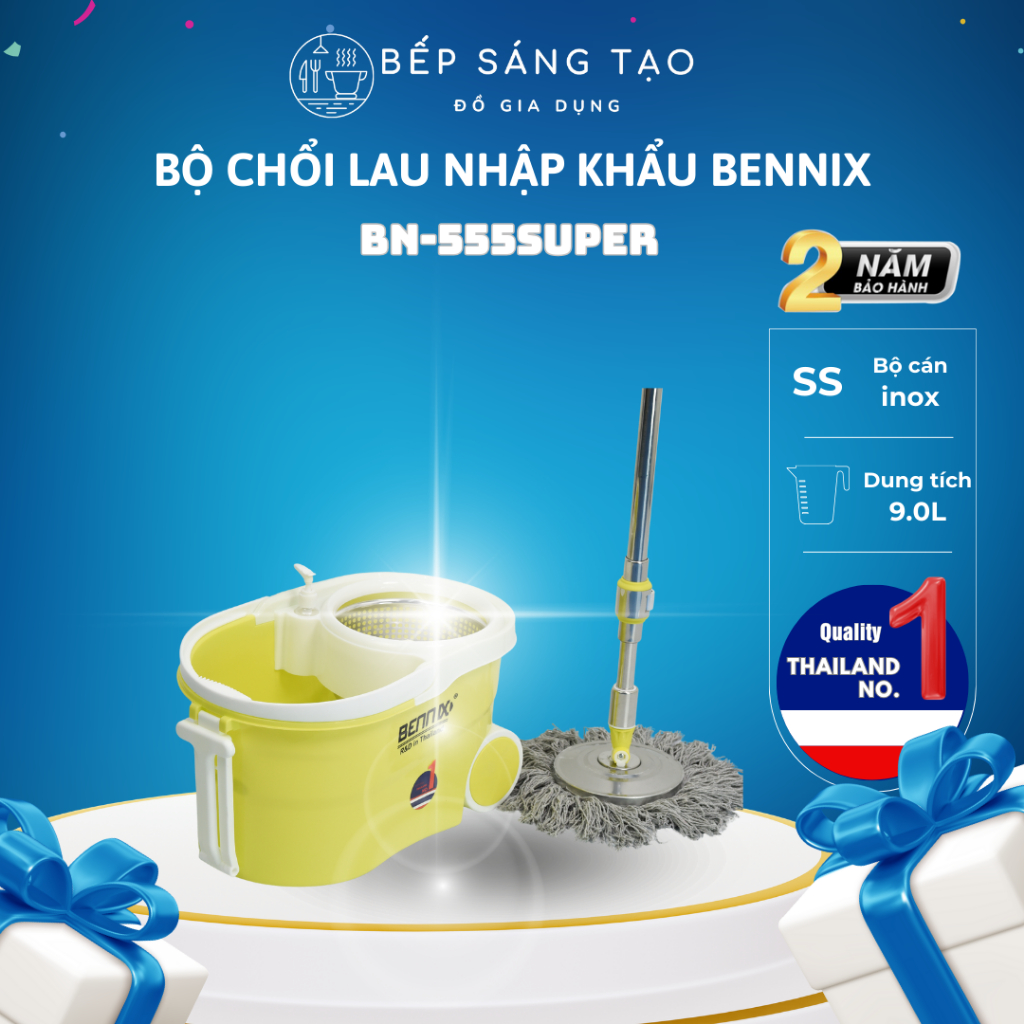 Chổi lau nhà 360 độ kèm thùng tự vắt có lồng inox chống gỉ Bennix BN-555 Super (Tặng kèm móc treo chổi)