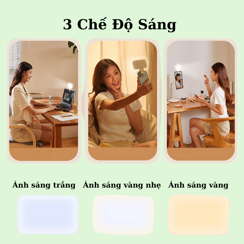 Đèn LED Selfie 3 chế độ có thể tùy chỉnh, Đèn chụp ảnh hỗ trợ sáng, Đèn quay video, Đèn livestream dạng kep nhỏ gọn