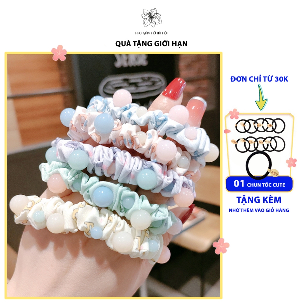 Vòng/Dây buộc tóc scrunchies họa tiết đáng yêu gắn ngọc thạch phong cách Hàn Quốc - Hàng cao cấp