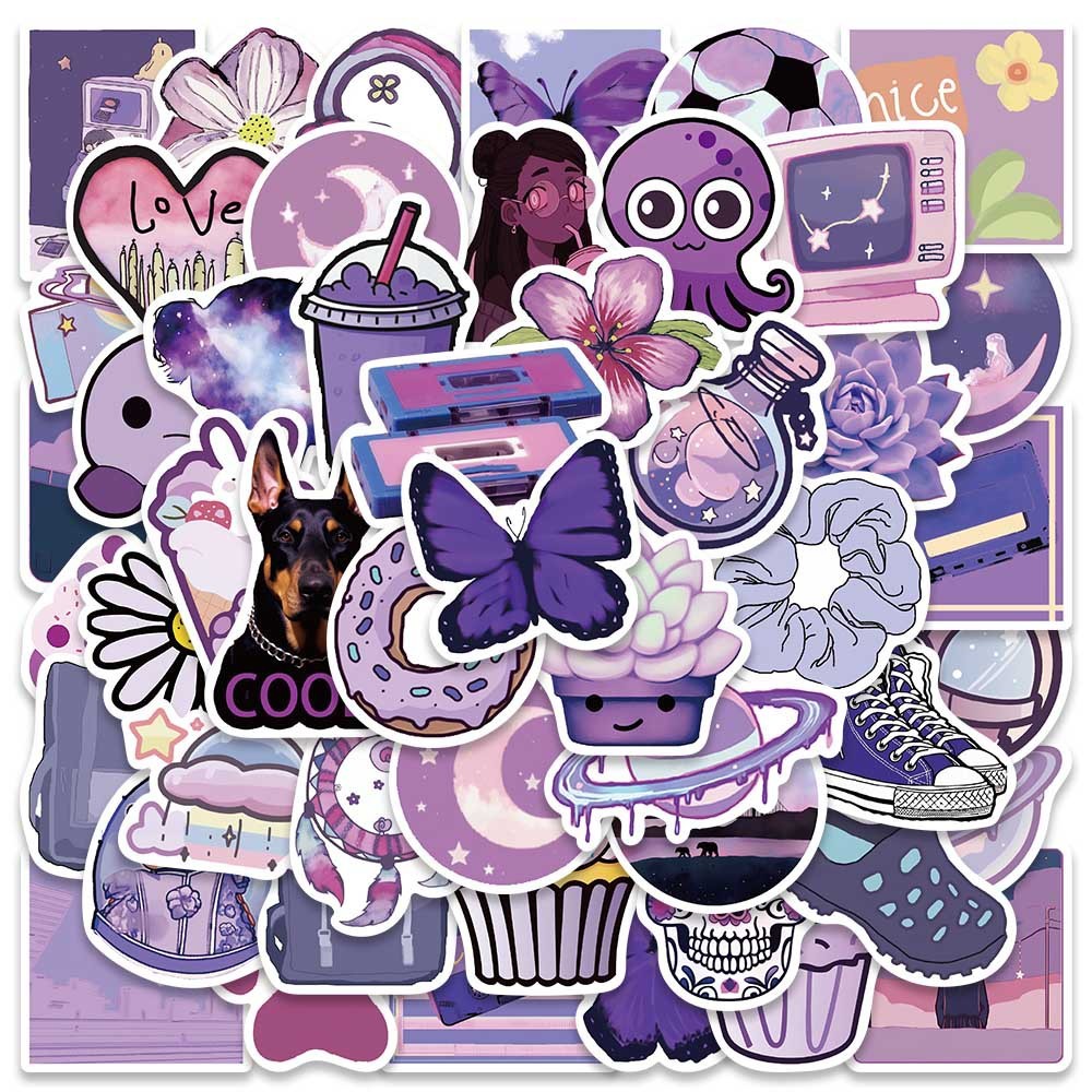 Set 50 cái sticker chống nước ĐỒ VẬT CUỘC SỐNG MÀU TÍM AESTHETIC CÁ ...
