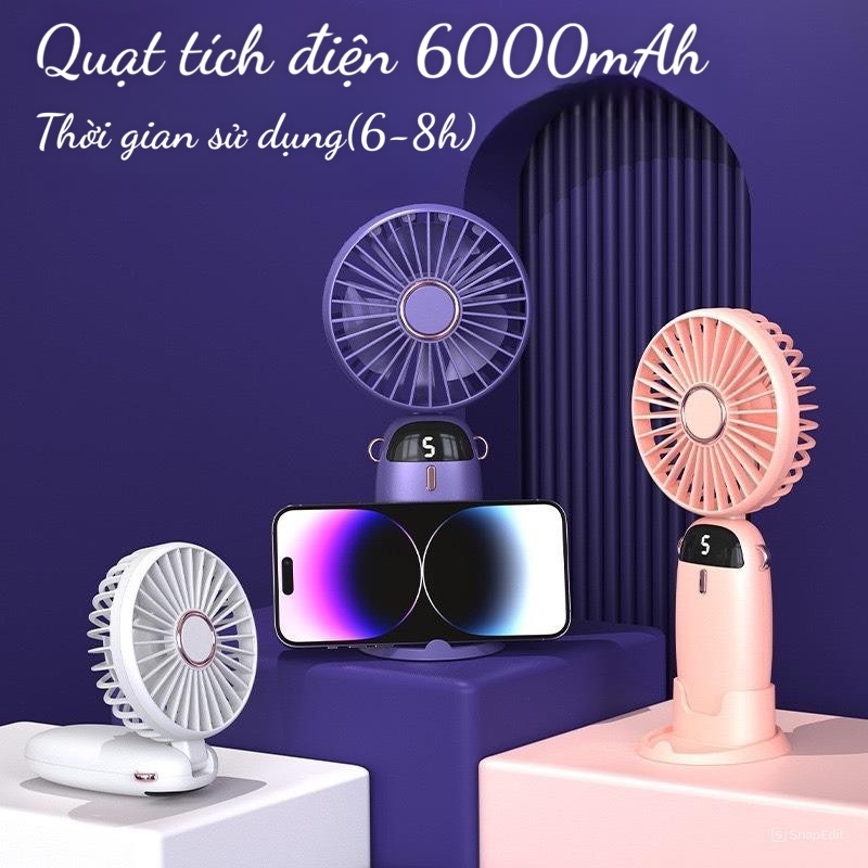 [Tặng sticker nổi ] Quạt tích điện cầm tay 6000mAh kèm đèn LED hiển thị ...