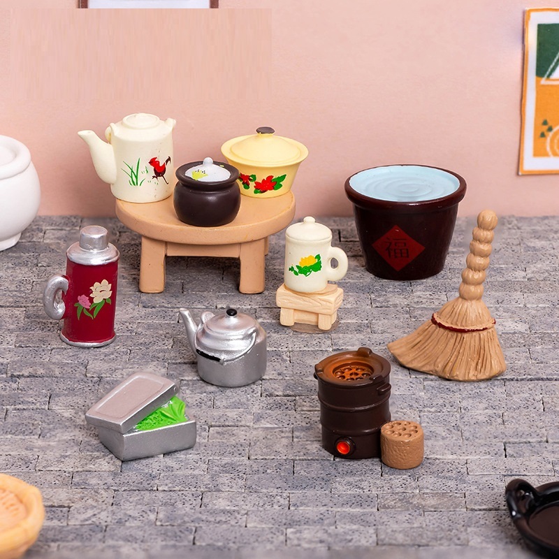 [Mô hình thu nhỏ] ấm đun bình thuỷ phích nước chổi bếp   trang trí bàn làm việc nhà cửa