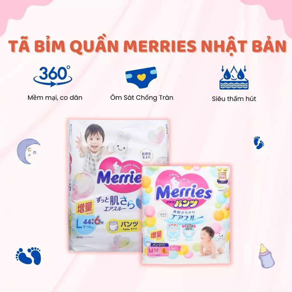 Tã Bỉm Quần MERRIES Chuẩn Nội Địa Nhật Bản Siêu Thoáng Mát Thấm Hút Nhanh Chất Lỏng