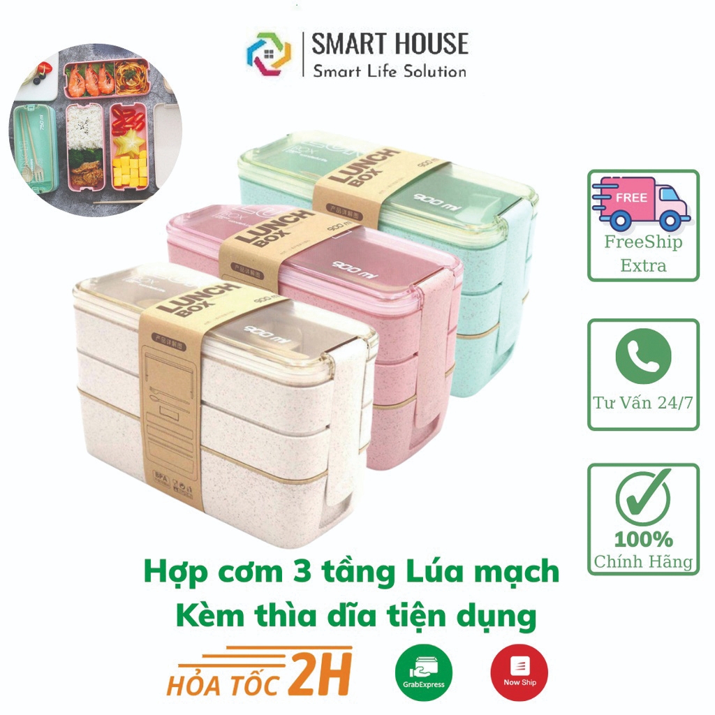 Hộp Cơm Lúa Mạch Lunch Box 3 Tầng Hình Chữ Nhật 900ml Tặng Kèm Dĩa ...