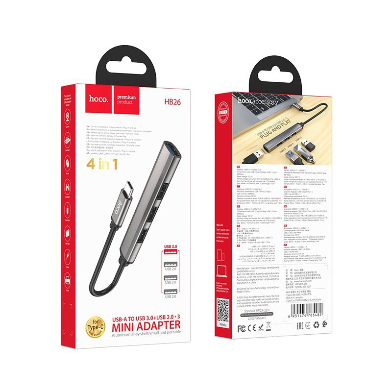 Cáp Chuyển đổi Hoco HB26 USB 4in1 sang 4 cổng USB 3.0 + USB 2.0.