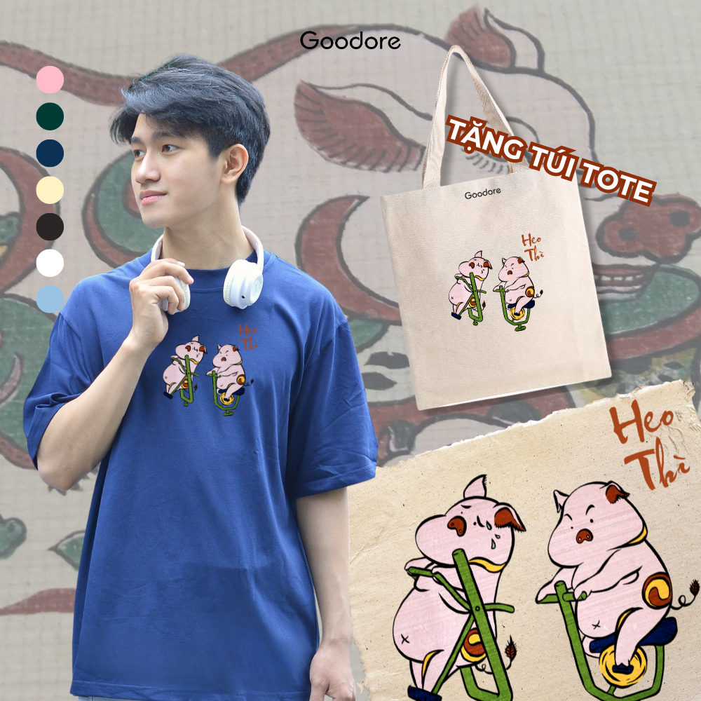 Áo thun Oversize unisex nam nữ Goodore BST Đông Hồ Street mẫu Heo Thì chất liệu cotton 230gsm thoáng mát năng động