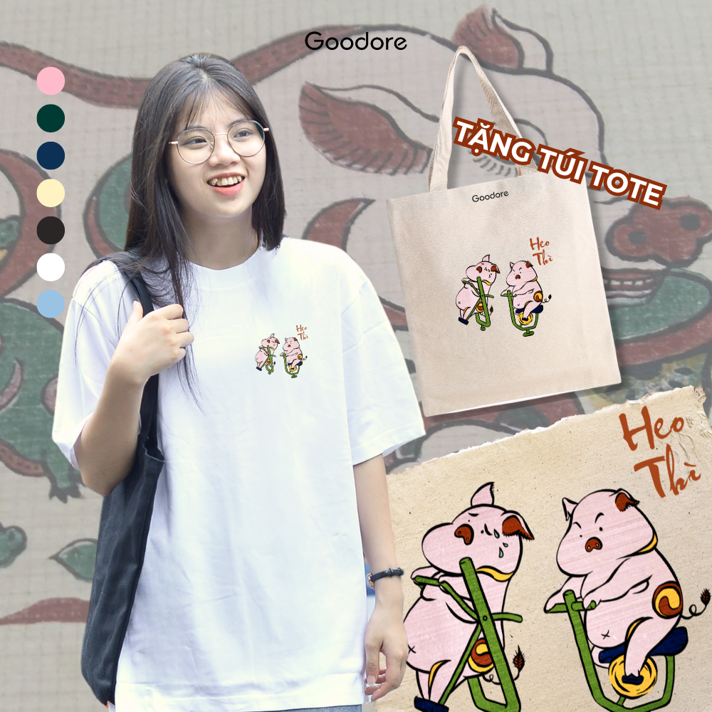 Áo thun Oversize unisex nam nữ Goodore BST Đông Hồ Street mẫu Heo Thì mini chất liệu cotton 230gsm thoáng mát năng động