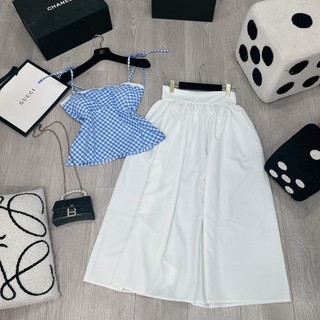Set Bộ Đồ Nữ Áo 2 Dây Caro Xanh Phối Ren Ngực Khóa Lưng Mix Chân Váy Trắng Dáng Dài Xòe Rộng Có Đệm Ngực Freesize