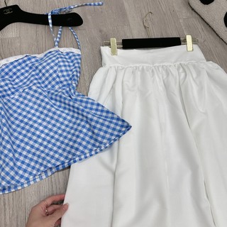 Set Bộ Đồ Nữ Áo 2 Dây Caro Xanh Phối Ren Ngực Khóa Lưng Mix Chân Váy Trắng Dáng Dài Xòe Rộng Có Đệm Ngực Freesize