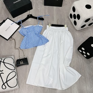 Set Bộ Đồ Nữ Áo 2 Dây Caro Xanh Phối Ren Ngực Khóa Lưng Mix Chân Váy Trắng Dáng Dài Xòe Rộng Có Đệm Ngực Freesize