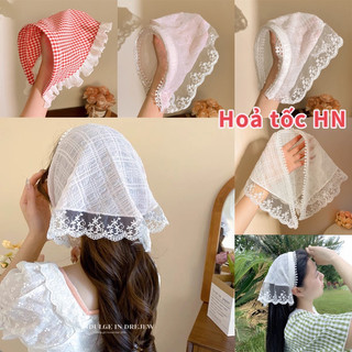 Khăn đội đầu tam giác viền ren trắng khăn turban đi biển kiểu pháp dễ thương