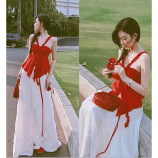 Set Váy Maxi Diện Tết Áo 2s Yếm Viền Bèo Mix Chân Váy Xoè Dáng Dài 2 Lớp