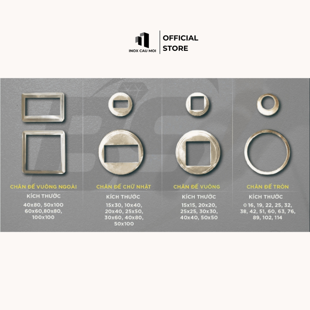 Chân Đế Inox 304, kích thước 15x15/20x20/25x25/30x30/40x40/50x50mm