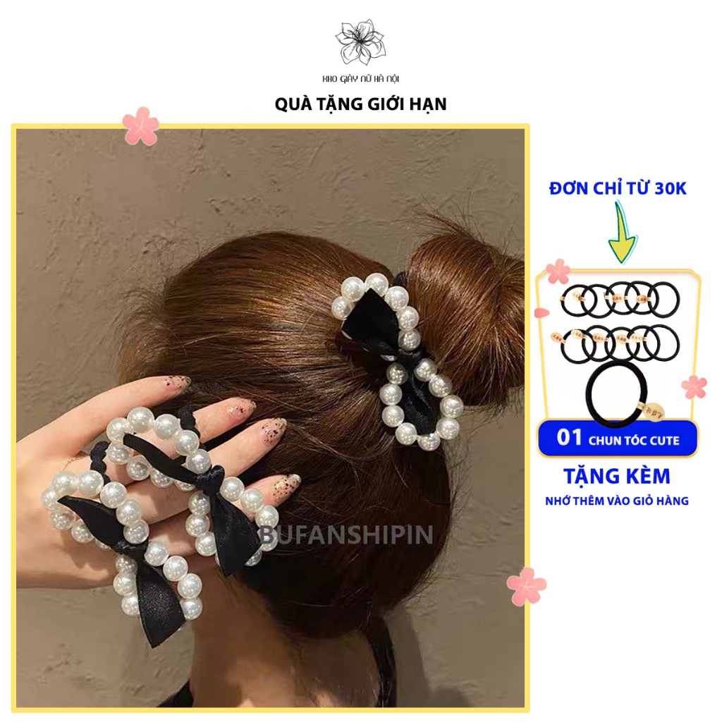 Dây buộc tóc Hàn quốc chun buộc tóc ngọc trai nhân tạo voan nơ sang trọng xinh xắn đáng yêu ngọt ngào