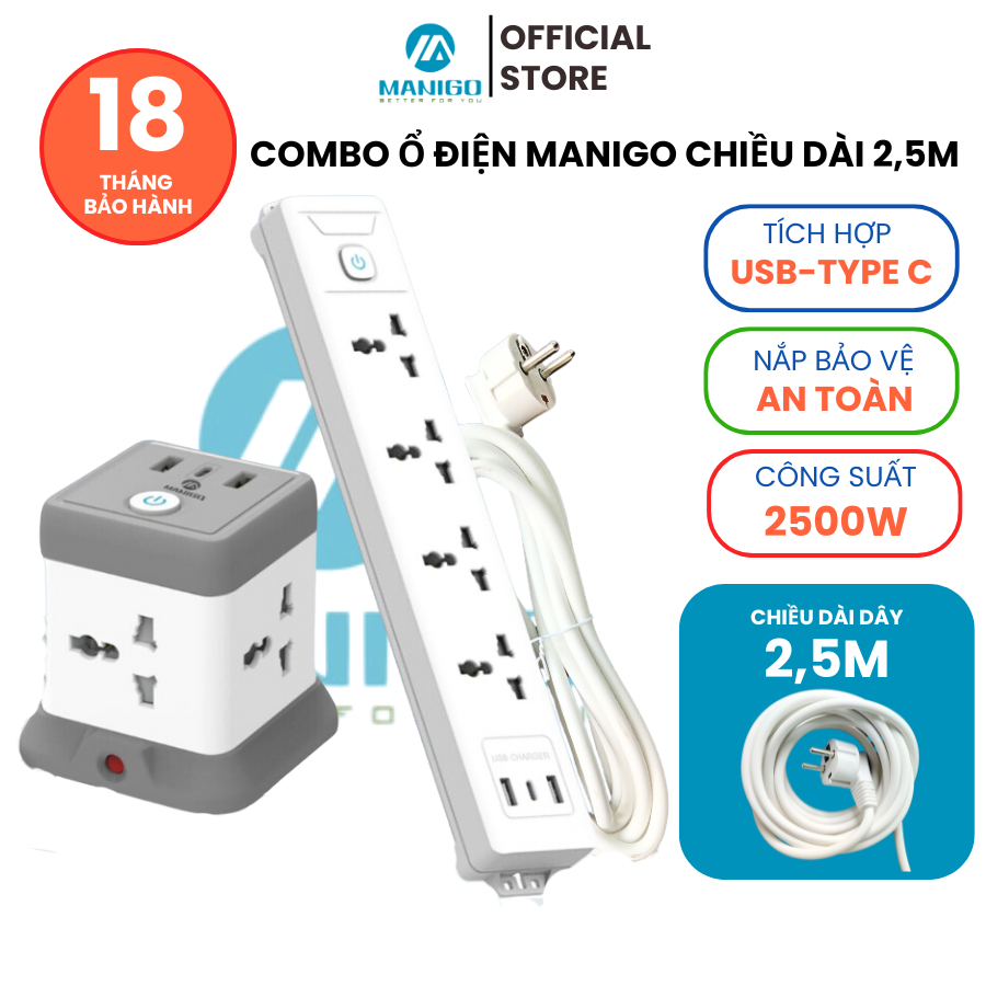 Ảnh Combo ổ cắm điện đa năng Manigo chiều dài 2,5M công suất 2500W Tích Hợp Sạc USB TypeC BH 18 Tháng 2
