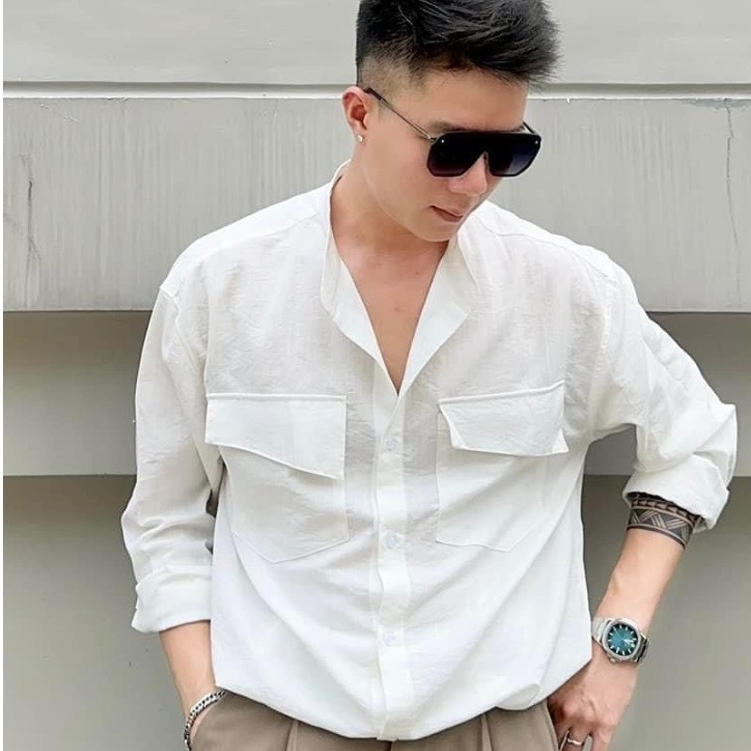 Áo Sơ Mi Cổ Tàu Nam 2 Túi Ngực VESCA Form Rộng Vải Đũi Dài Tay Thời Trang HALLEY A1