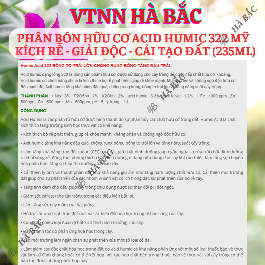 Phân Bón Hữu Cơ Acid Humic 322 Vàng Mỹ - Kích Rễ - Giải Độc - Cải Tạo Đất (Chai 235ml)