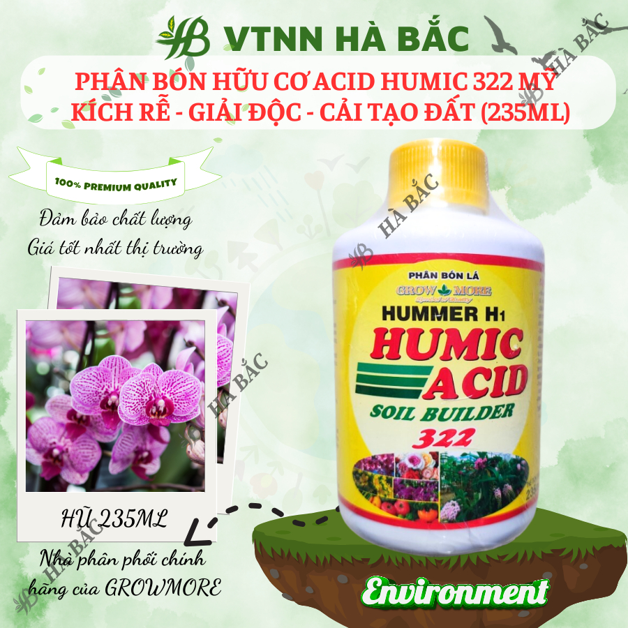 Phân Bón Hữu Cơ Acid Humic 322 Vàng Mỹ - Kích Rễ - Giải Độc - Cải Tạo Đất (Chai 235ml)