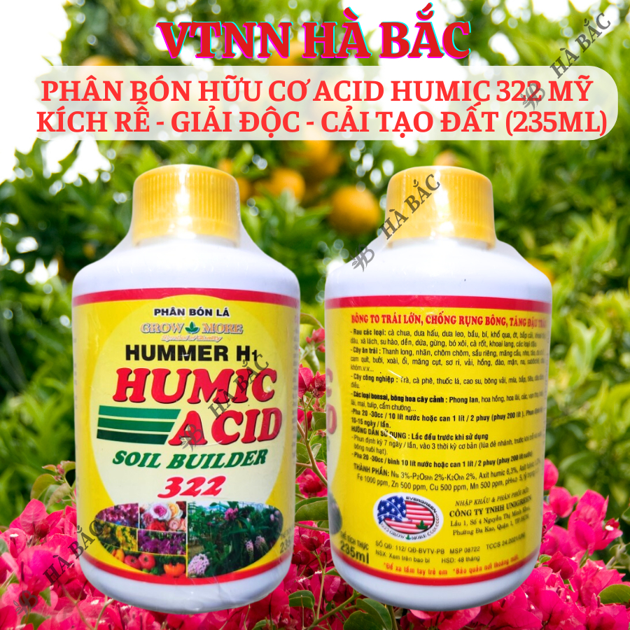 Phân Bón Hữu Cơ Acid Humic 322 Vàng Mỹ - Kích Rễ - Giải Độc - Cải Tạo Đất (Chai 235ml)