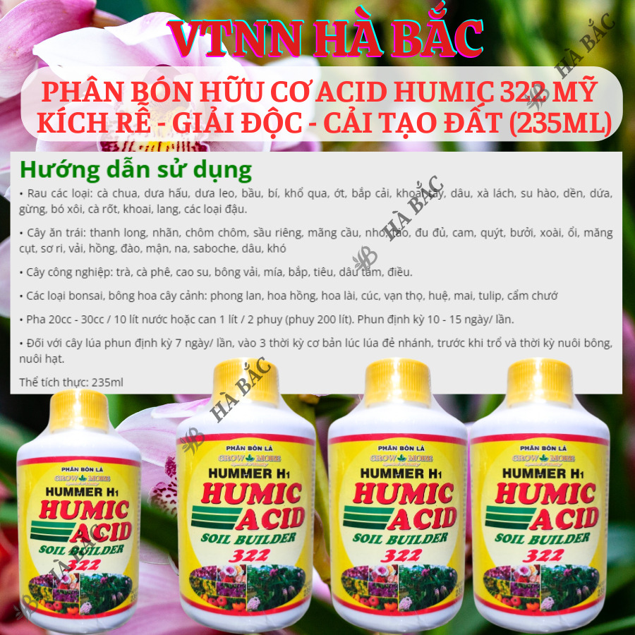 Phân Bón Hữu Cơ Acid Humic 322 Vàng Mỹ - Kích Rễ - Giải Độc - Cải Tạo Đất (Chai 235ml)