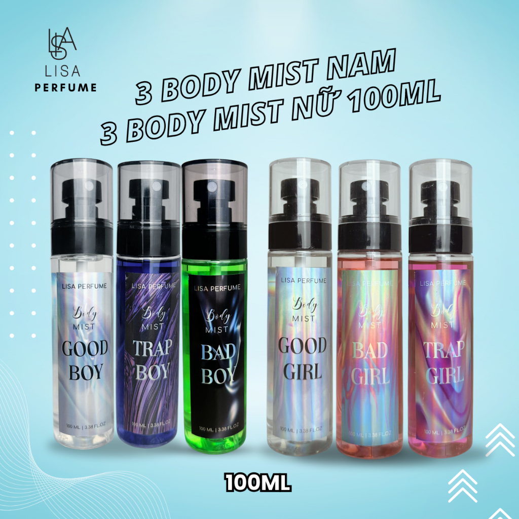 body mist 100ml nam, nữ nhiều mùi combo giá rẻ siêu thơm 6-8h trap-good-bad  mùi nhẹ nhàng