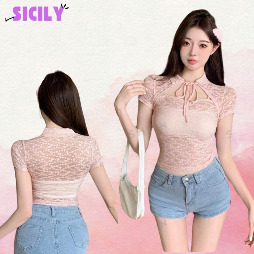 Áo thun lưới tay ngắn Sicily cổ buộc dây cách điệu AT608