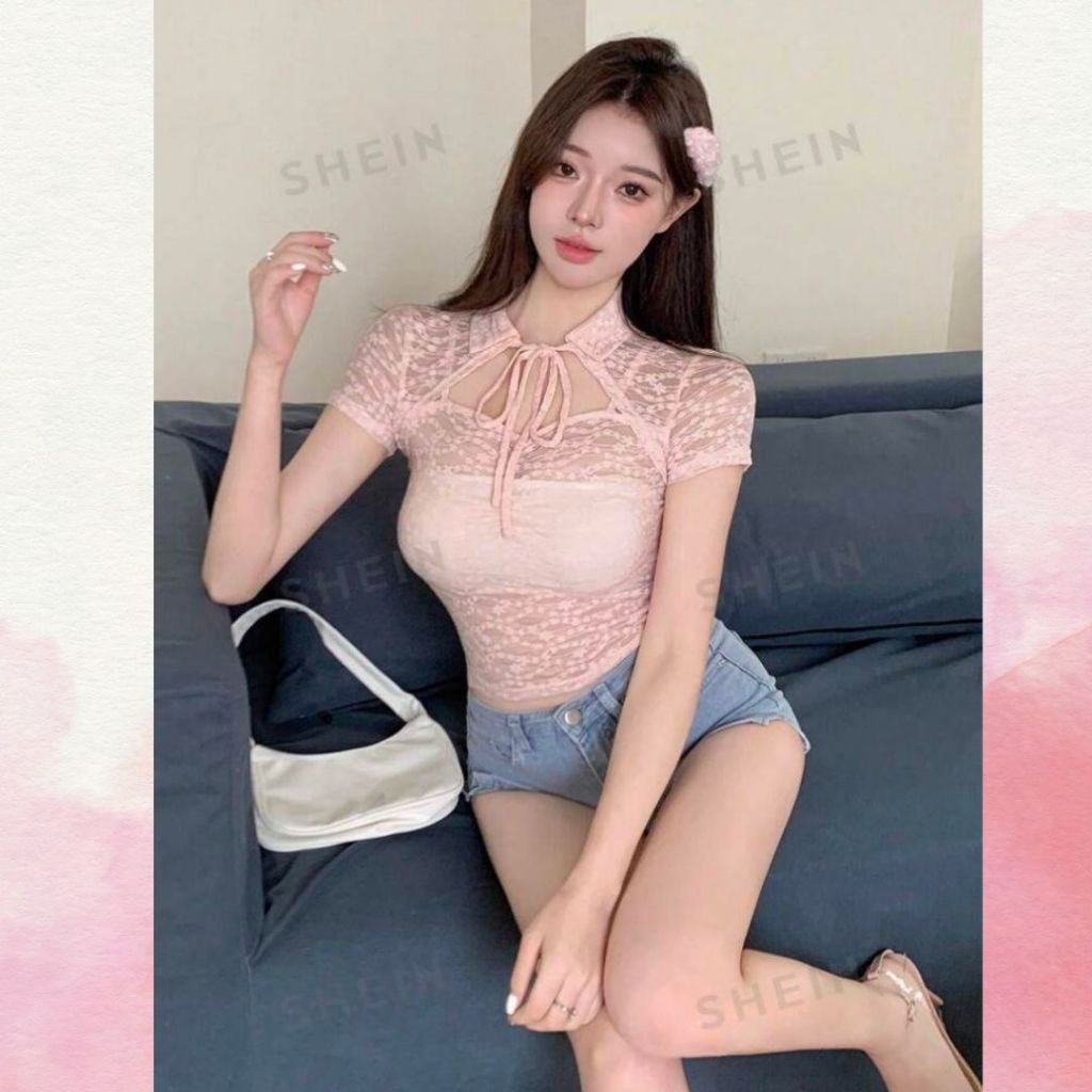 Áo thun lưới tay ngắn Sicily cổ buộc dây cách điệu AT608