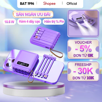 Sạc dự phòng mini 20000mAh 66W, sạc nhanh Pin, dung lượng lớn, Pin trâu, tích hợp 4 dây sạc, sạc nhanh, nhỏ gọn BAT 1996