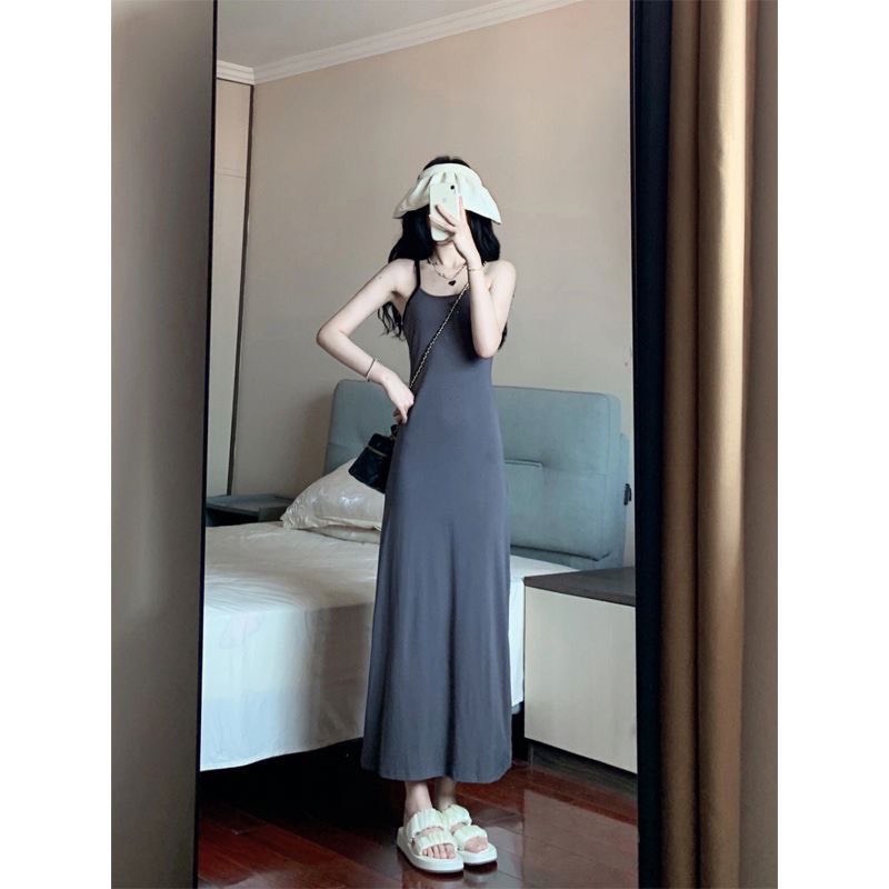 Đầm váy maxi 2 dây mùa hè ôm body kiểu dáng basic chất liệu thun co giãn hàng QC XIMIMI SP164