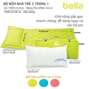 Bộ Nệm Gối Gấp gọn nhà trẻ 2 trong 1, Bộ Nệm Đi Học Mầm Non Bella Vải Cara Xốp Size 60x130cm Mềm,Mát