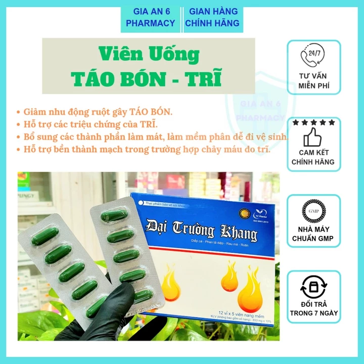 Viên uống đại tràng hỗ trợ táo bón, làm mát, mềm phân,hỗ trợ trĩ, làm bền thành mạch. Hộp 60 viên
