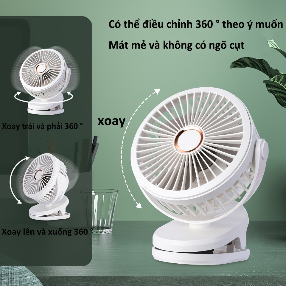 sạc và Pin tích điện)Quạt tích điện mini để bàn - Quạt kẹp bàn xoay 360 (Kèm dây