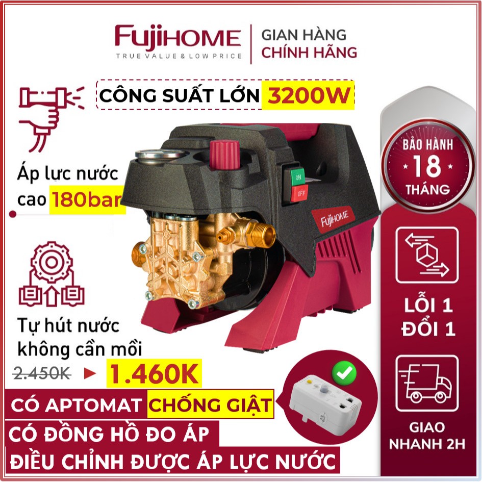 Máy Xịt Rửa Xe cao áp chống giật FUJHOME, máy rửa xe điều chỉnh áp lực nước tưới cây pressure washer
